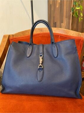 Gucci Jackie Soft Tote Navy Pebbled Leather with Silver Hardware